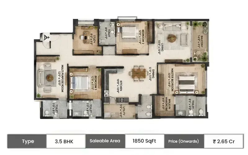 Ganga Nine Zero 3.5 BHK floor plan, 1850 sq ft saleable area